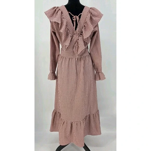 Aiden Red Gingham Maxi Dress Medium Prarie Style Tiered Ruffle Cottagecore - Picture 3 of 4